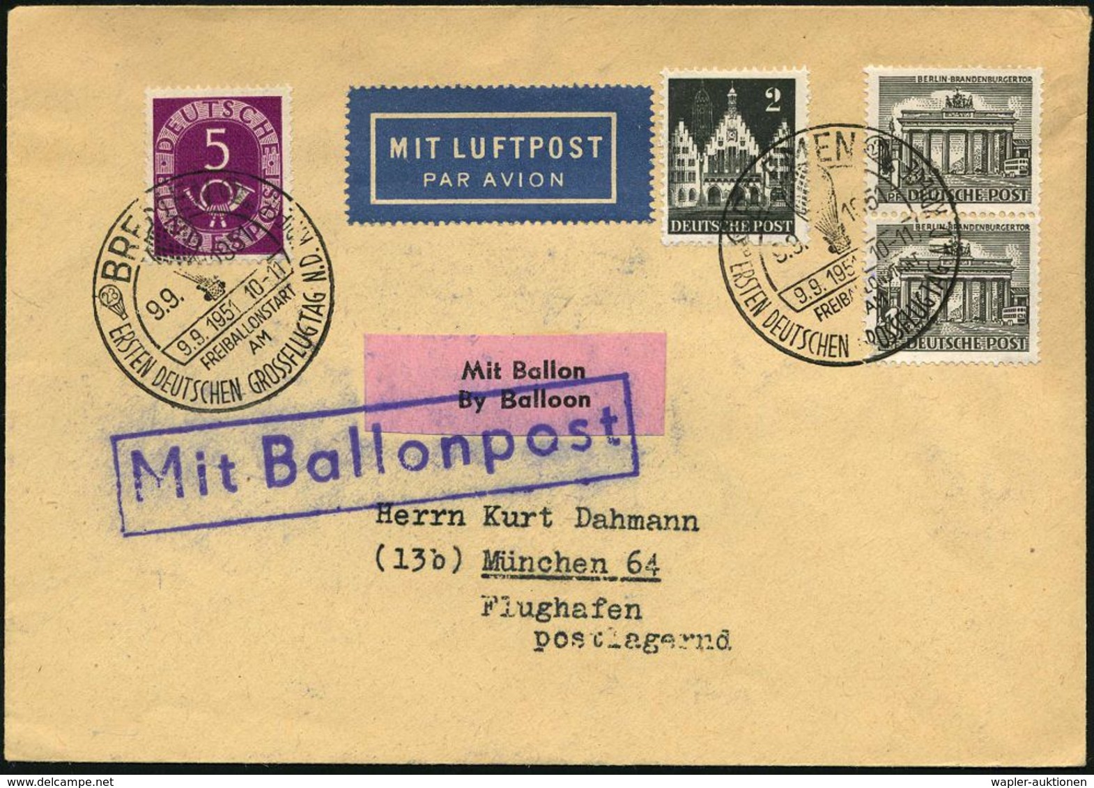 (23) BREMEN/ FREIBALLONSTART/ AM/ ERSTEN DT.GROSSFLUGTAG N.D.KRIEGE 1951 (9.9.) SSt = 3 Große U. Kleine Ballone + Aufkle - Mongolfiere