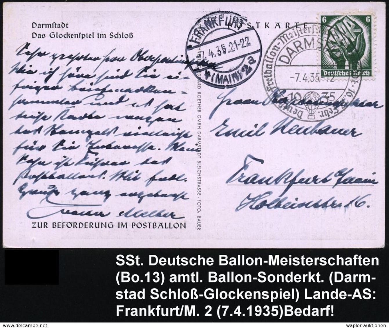 DARMSTADT/ Deutsche Freiballon-Meisterschaften..16.-17.Febr. 1935 (7.4.) Ballon-SSt Vom 7.4., Da Aufstieg Am 17.2. Wegen - Fesselballons