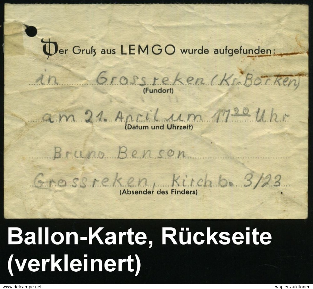 GROSS-REKEN 1954 (22.4.) 1K-Gitter Auf Kleiner Luftballon-Abwurfkarte: Der Gruß Aus LEMGO Wurde Aufgefunden.. (kl. Rostf - Luchtballons