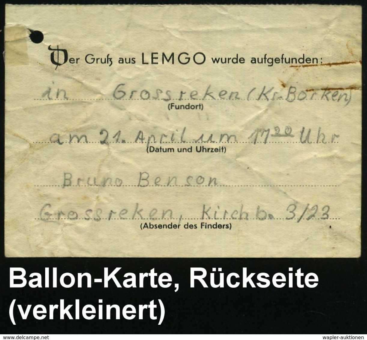 GROSS-REKEN 1954 (22.4.) 1K-Gitter Auf Kleiner Luftballon-Abwurfkarte: Der Gruß Aus LEMGO Wurde Aufgefunden.. (kl. Rostf - Mongolfiere