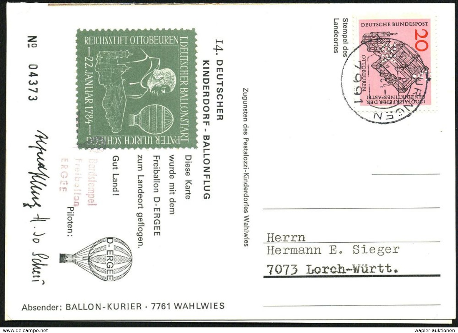 7991 OTTOBEUREN/ P 1964 (29.5.) 1K Auf 20 Pf. EF "1200-Jahrfeier Benediktiner-Abtei Ottobeuren" Mit Ballon-Lochung U. Lo - Fesselballons