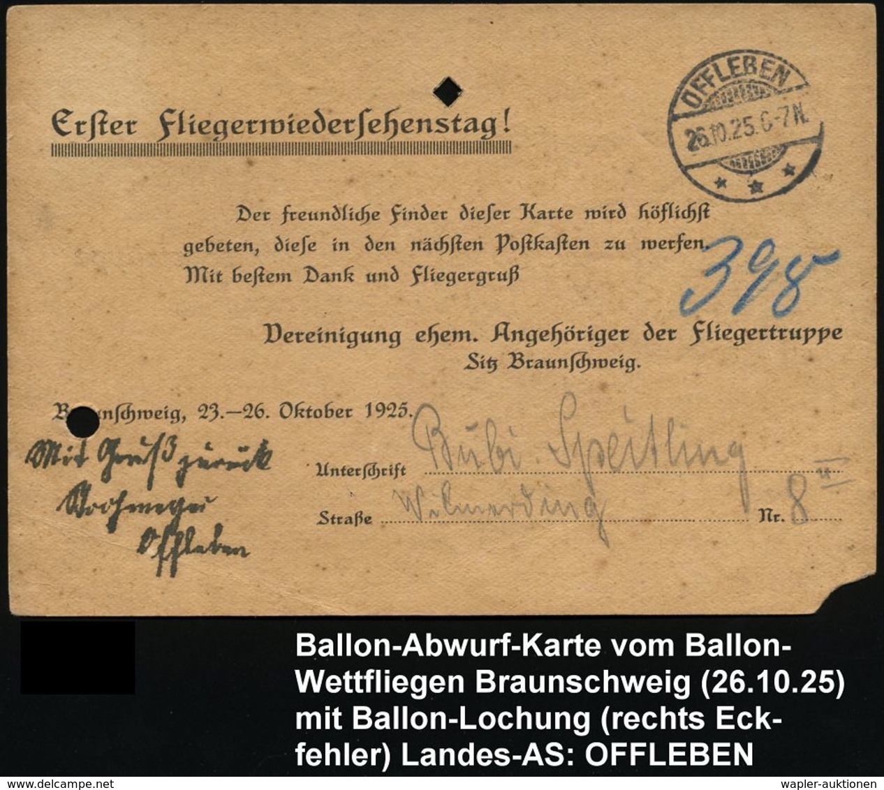 OFFLEBEN/ *** 1925 (26.10.) 1K-Gitter Auf Ballon-Abwurfkarte + Viol. 4L: Flugkarte/v.Ballon-Wettfliegen/am 1.Fliegerwied - Luchtballons