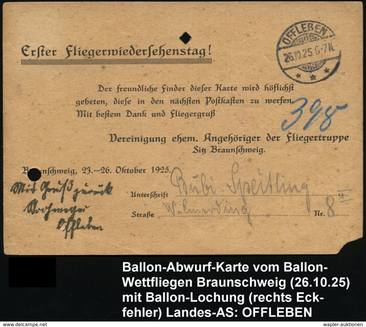 OFFLEBEN/ *** 1925 (26.10.) 1K-Gitter Auf Ballon-Abwurfkarte + Viol. 4L: Flugkarte/v.Ballon-Wettfliegen/am 1.Fliegerwied - Montgolfières