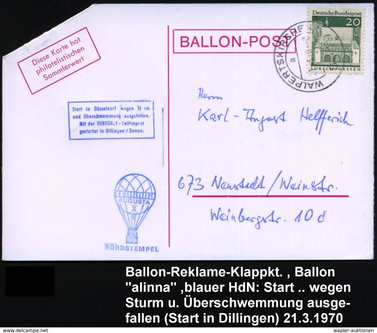 8059 WALPERTSKIRSCHEN/ A 1970 (21.3.) 1K = Landestempel + Blauer Ballon-HdN: AUGUSTA/X/BORDSTEMPEL + Blauer Ra.4: Start  - Luchtballons