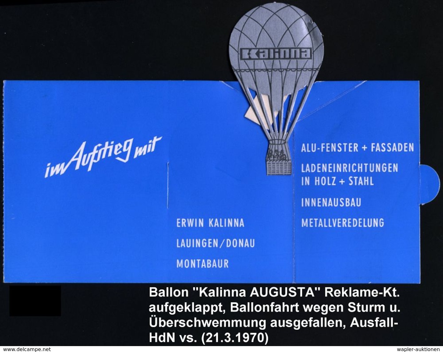 8059 WALPERTSKIRSCHEN/ A 1970 (21.3.) 1K = Landestempel + Blauer Ballon-HdN: AUGUSTA/X/BORDSTEMPEL + Blauer Ra.4: Start  - Montgolfières