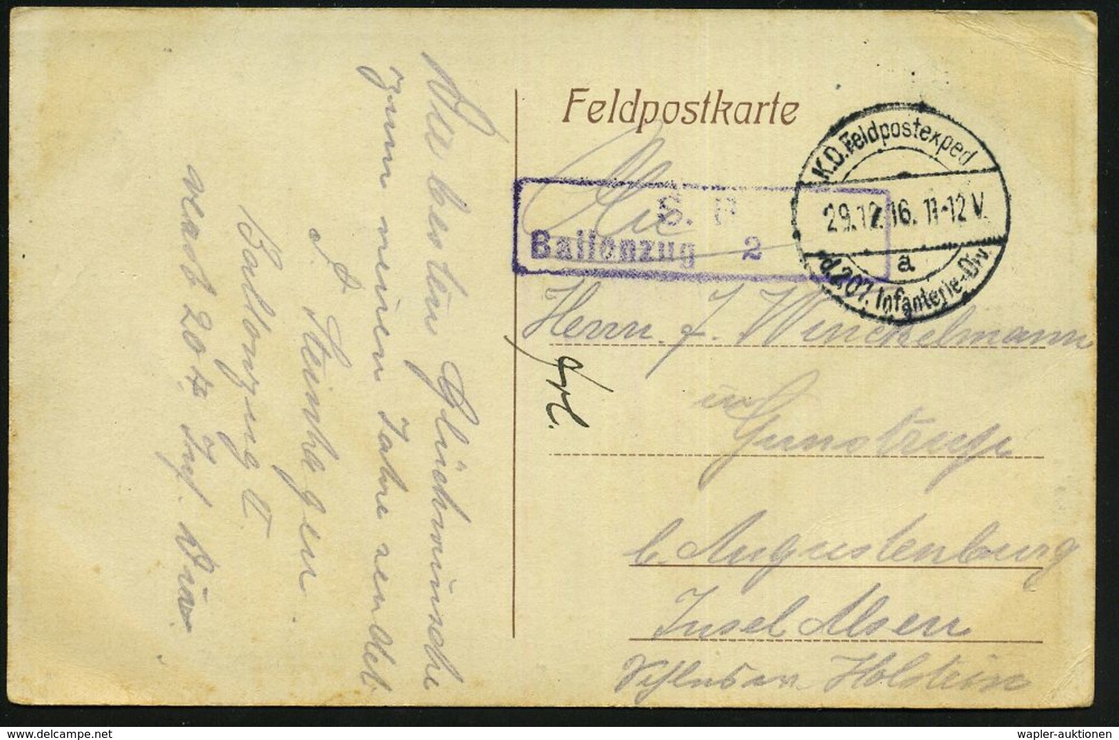 DT.BES.BELGIEN 1916 (29.12.) 1K-Brücke: K. D. Feldpostexped./a/d. 207. Infanterie-Div. (Nr.920) + Viol. Ra.2: ..B A L L  - Fesselballons