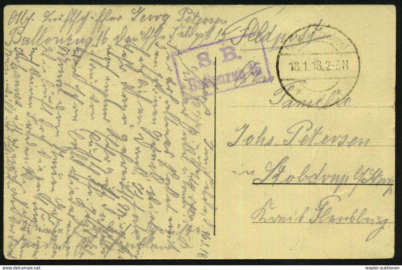 DT.BES.BELGIEN 1918 (18.1.) 1K-Brücke: Deutsche Feldpost/*** = Tarnstempel + Viol. Ra.2: S.B./  B A L L O N Z U G  16 +  - Luchtballons