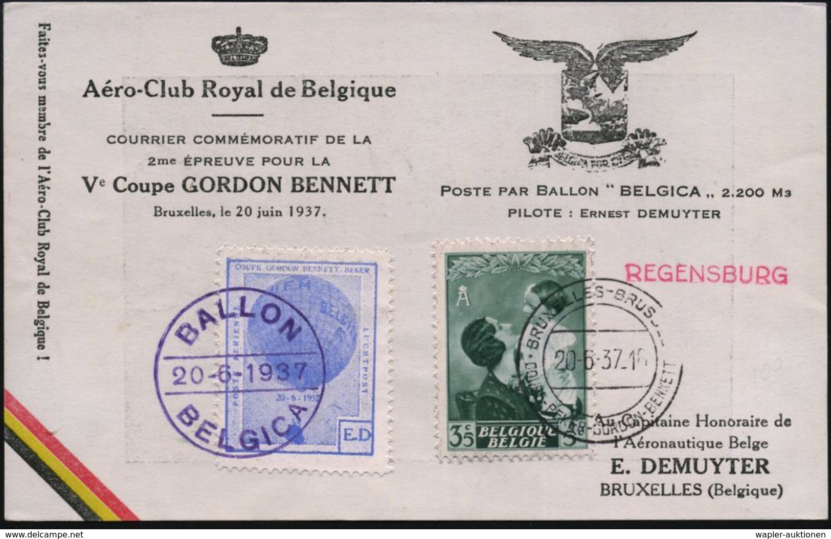 BELGIEN 1937 (20.6.) SSt: BRUXELLES../COUPE-BEKER GORDON BENNETT (Brüssel - Riga) + Blaue Ballon-Vign. + Viol. HdN: BALL - Montgolfières