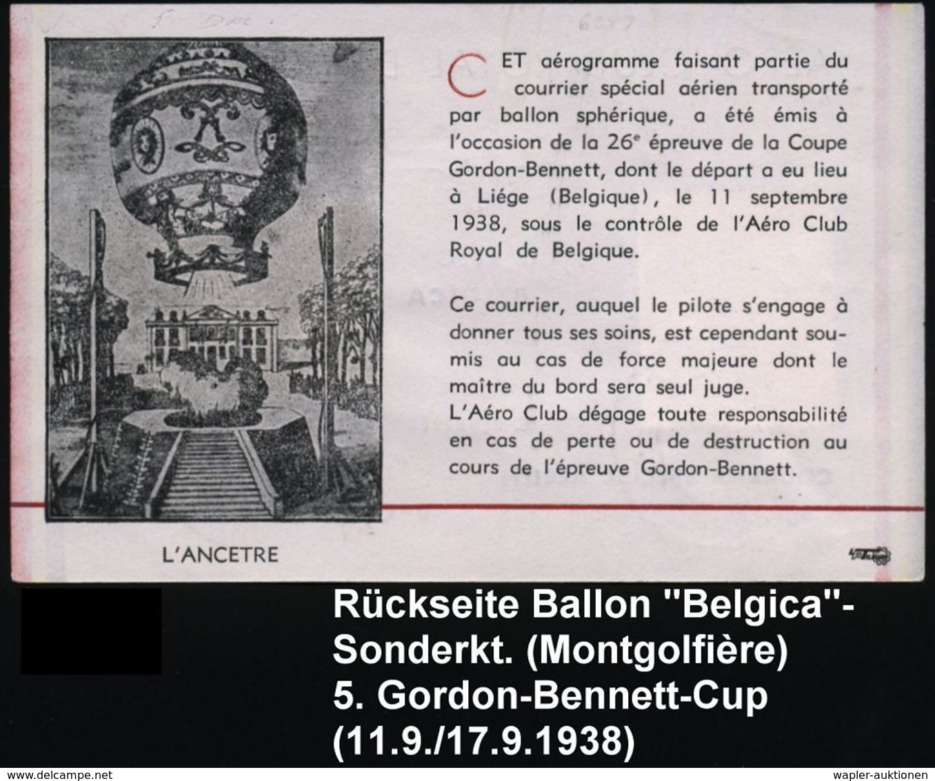 BELGIEN /  RUMÄNIEN 1938 (11.9.) SSt: LIEGE/COUPE GORDON BENNETT XXVIe EPREUVE (Mi.467) + Rumän. Frankatur (2K: ZALAU) D - Mongolfiere