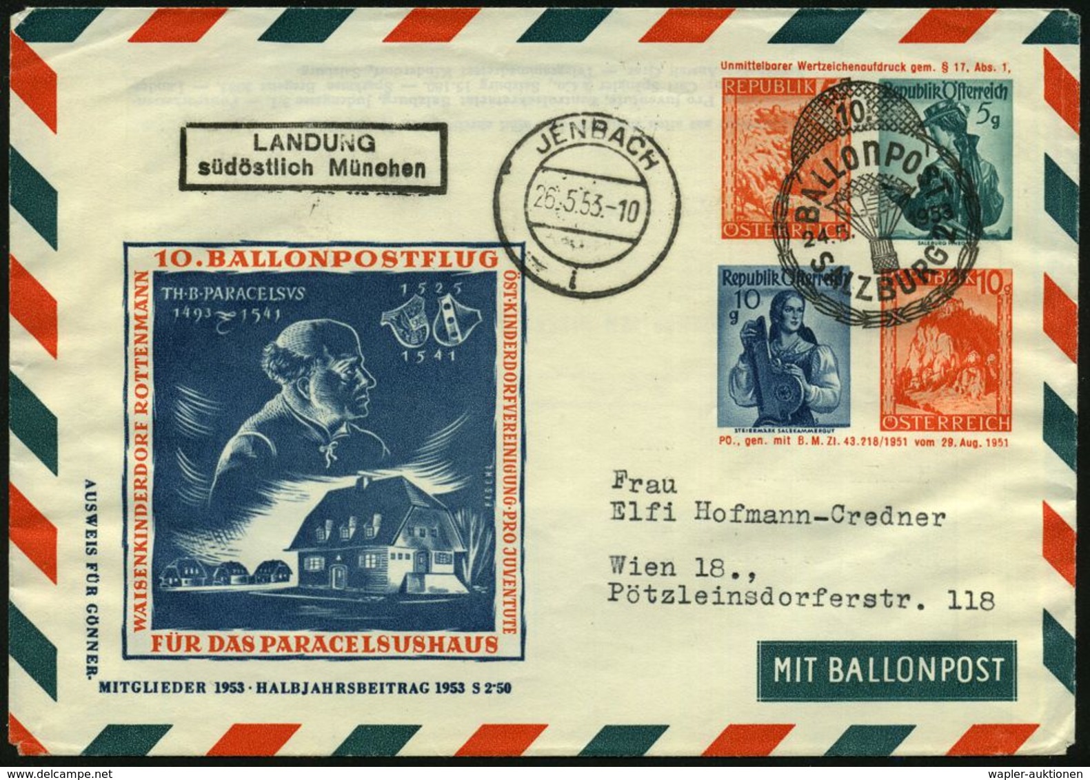 ÖSTERREICH 1953 (24.5.) PU 5 + 5 + 10 + 10 Gr. Trachten/Lanschaften: 10.BALLONPOST FÜR DAS PARACELSUSHAUS = Paracelsus,  - Montgolfières