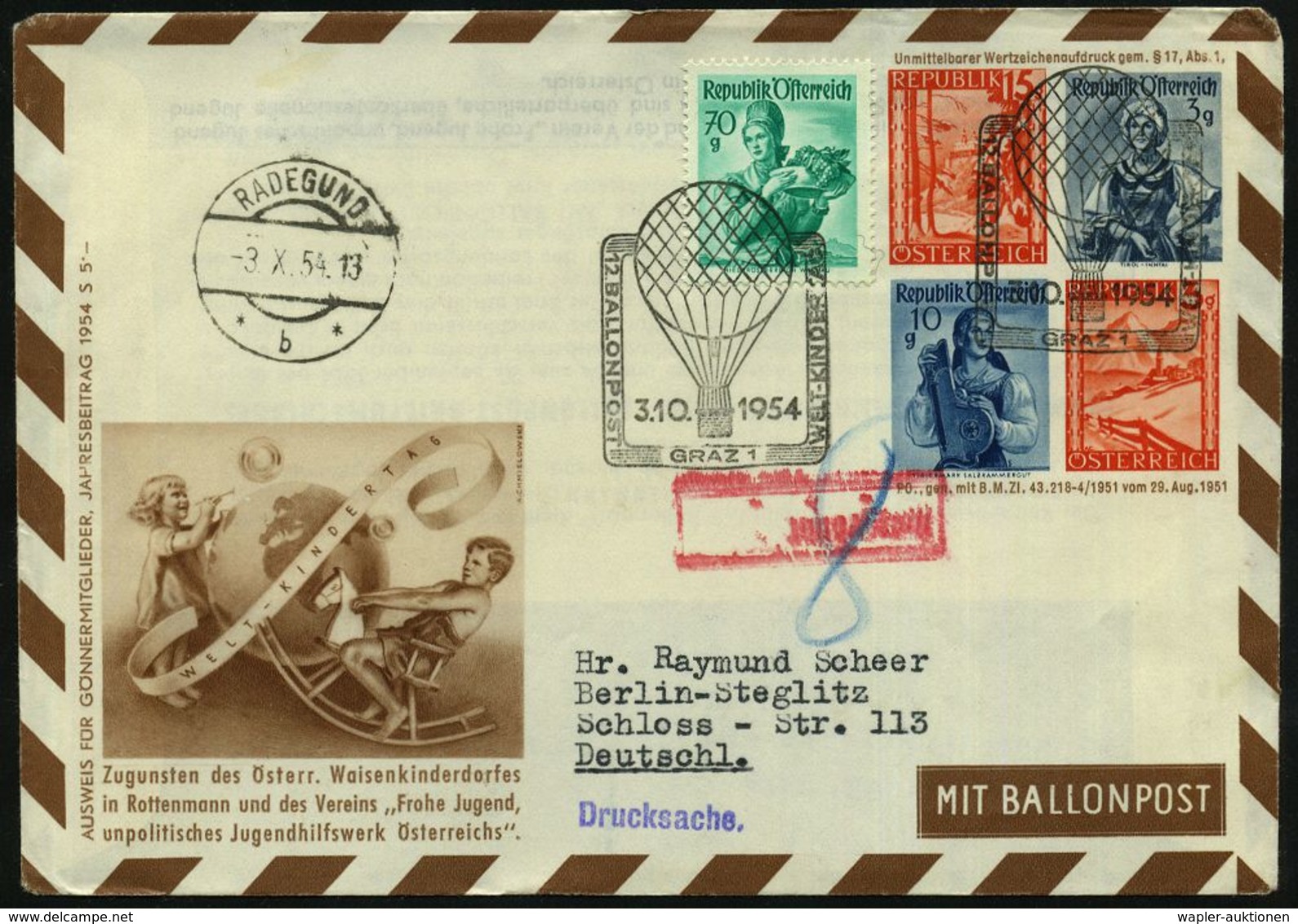 ÖSTERREICH 1954 (3.10.) PU 15 G.+ 3 G.+ 10 + 3 G. Landschaften/Trachten: BALLONPOST..Österr. Waisenkinderdorf = Mäd-chen - Montgolfières