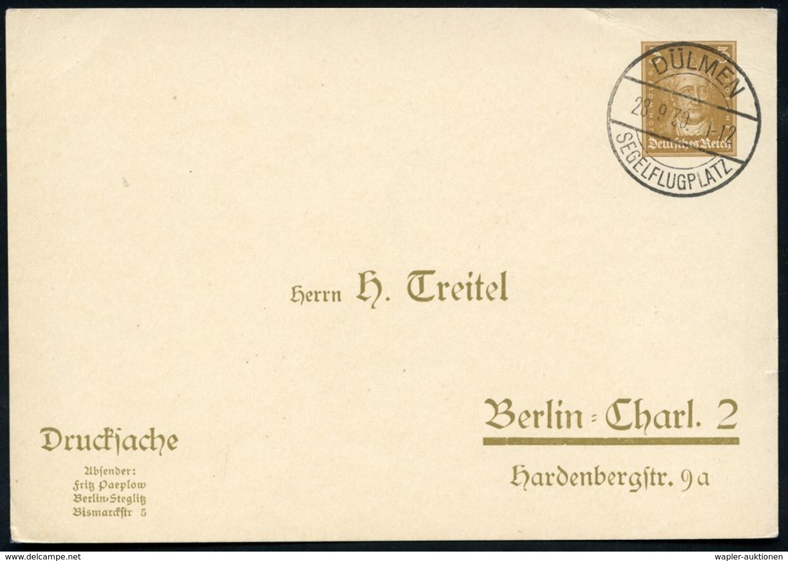 DÜLMEN/ SEGELFLUGPLATZ 1930 (28.9.) Seltener SSt Auf PP 3 Pf. Goethe (H. Treitel, Mi.PP 97/B 5) Klar Gest. Inl.-Kt. (Bo. - Avions
