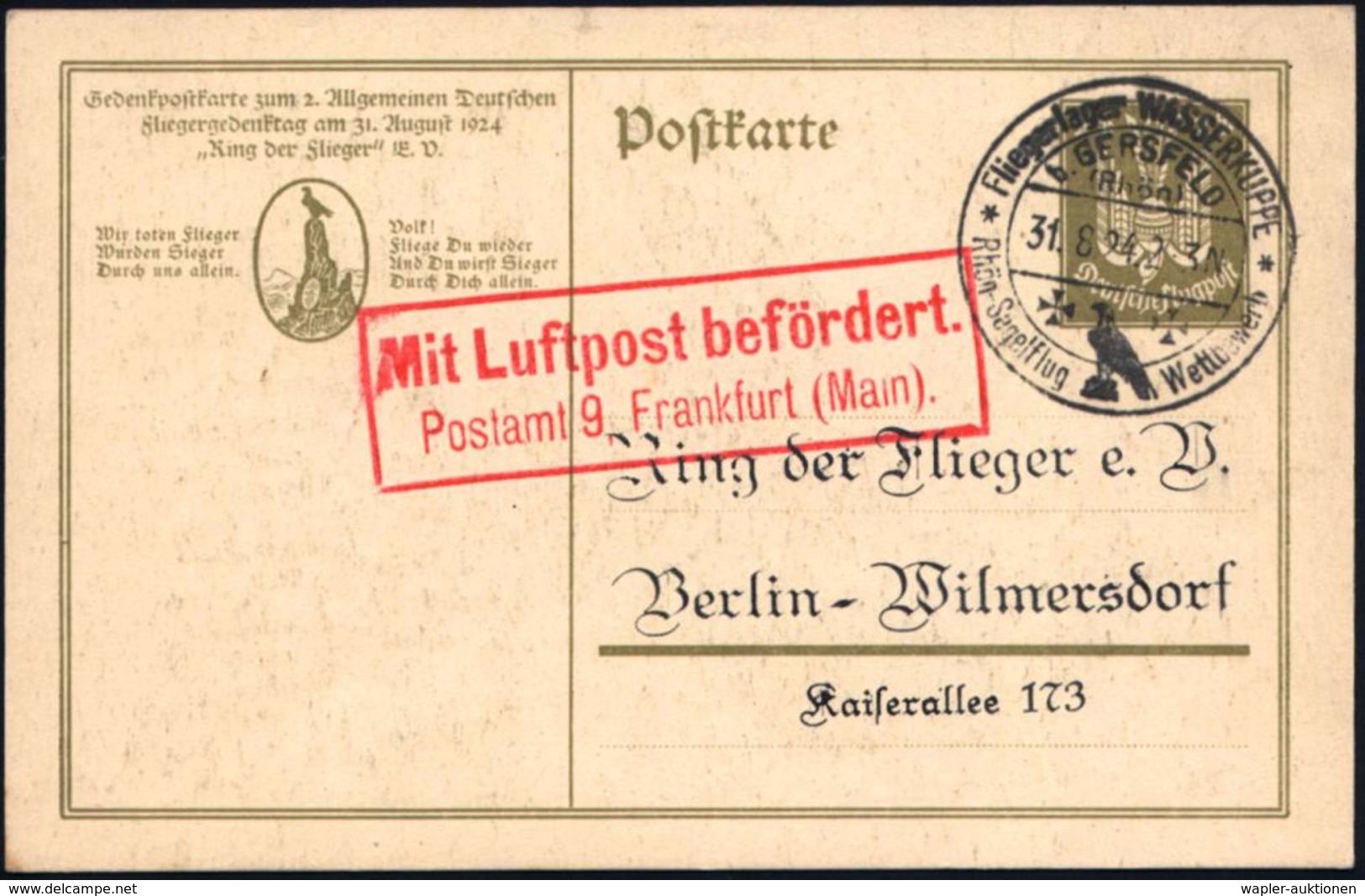 GERSFELD (Rhön) 1924 (31.8.) SSt.: Fliegerlager WASSERKUPPE/b. GERSFEL)/(Rhön)/ Rhön-Segelflug Wettbewerb  Auf PP 15 Pf. - Vliegtuigen