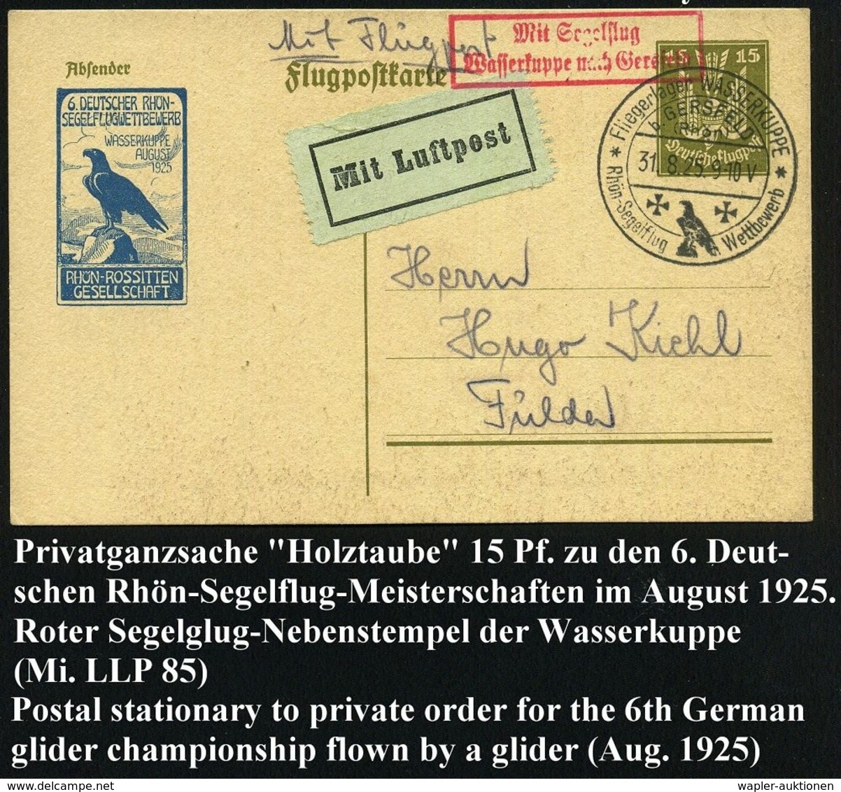 GERSFELD (Rhön) 1924 (31.8.) SSt.: Fliegerlager WASSERKUPPE/b. GERSFELD/(Rhön)/ Rhön-Segelflug Wettbewerb = Auf PP 15 Pf - Vliegtuigen