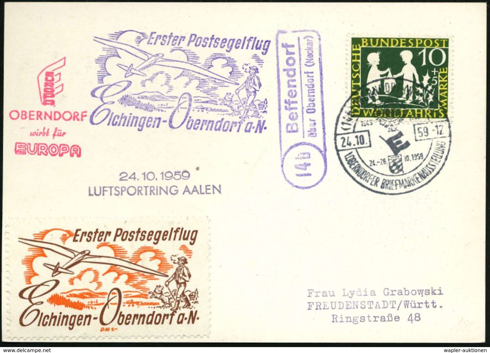 (14b) OBERNDORF(NECKAR)/ 1.OBERND.BRIEFM.AUSSTELLUNG 1959 (24.10.) HWSt + Viol. PSt I: (14 B) Beffendorf.. + HdN: 1.Post - Airplanes