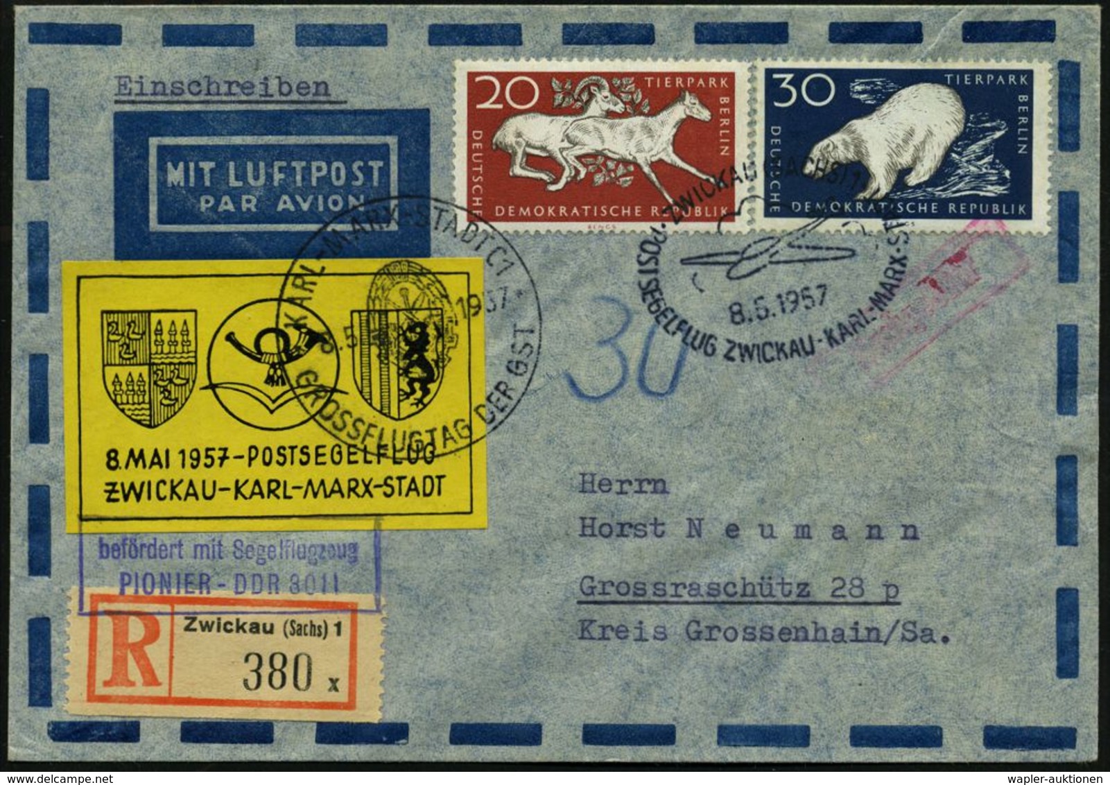 ZWICKAU (SACHS) 1/ POSTSEGELFLUG ZWICKAU-KARL-MARX-STADT 1957 (8.5.) SSt = Segelflugzeug + RZ: Zwickau (Sachs) 1/x + Gel - Vliegtuigen