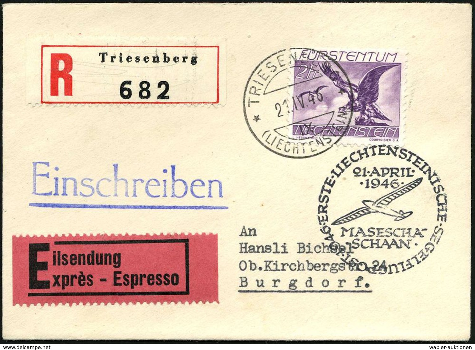LIECHTENSTEIN 1946 (21.4.) 1. Liechtenst. Postsegelflug + Segelflug-HdN: MASESCHAA-/SCHAAN ,1K: TRIESENBERG Auf Flp. 50  - Avions