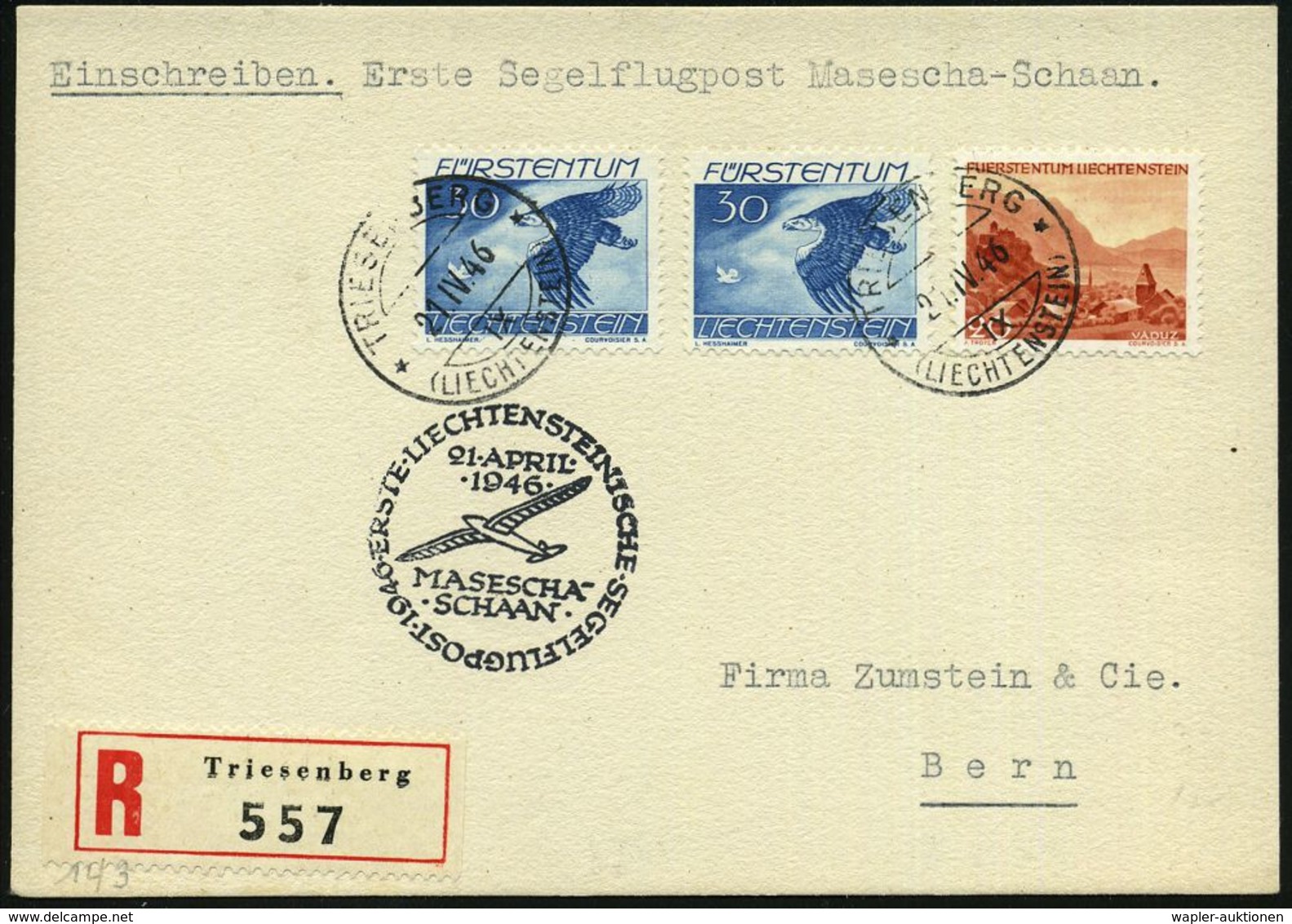 LIECHTENSTEIN 1946 (21.4.) 30 C. Mäusebussard, 2x Etc. (Mi.2x 176 U.a.) 1K + RZ: Triesenberg + Schw. HdN: ERSTE LIECHTEN - Airplanes