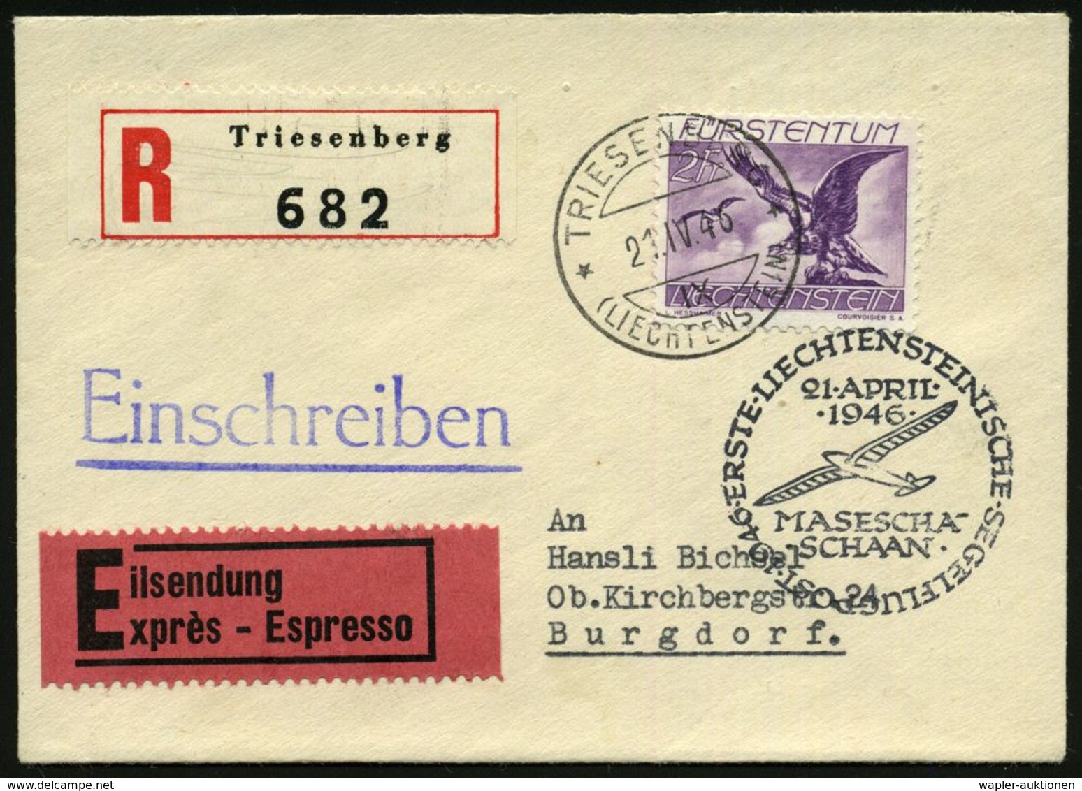 LIECHTENSTEIN 1946 (21.4.) 2 Fr. Bartgeier, EF + 1K U. RZ: Triesenberg + Amtl. HdN: ERSTE LIECHTENSTEINISCHE SEGELFLUGPO - Flugzeuge