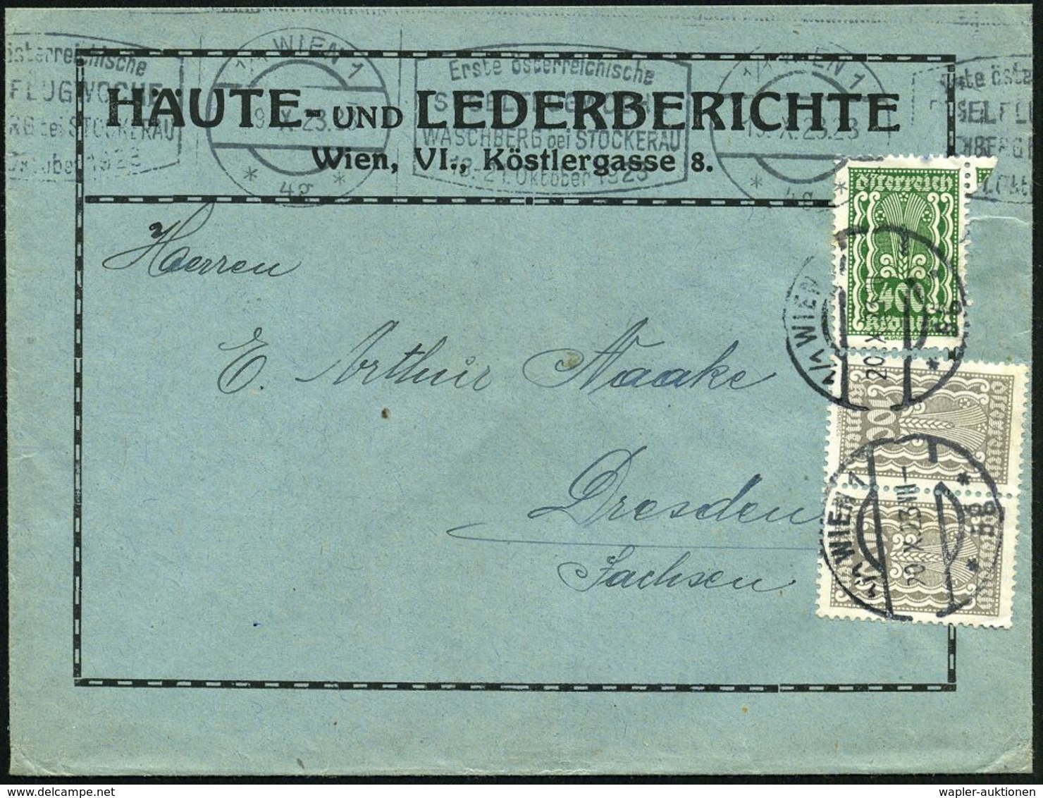 ÖSTERREICH 1923 (Okt.) BdMWSt: 1-1- WIEN 1/*4g*/Erste österr./ SEGELFLUGWOCHE/ WASCHBERG Bei STOCKERAU/13.-21.Okt. , Kla - Avions