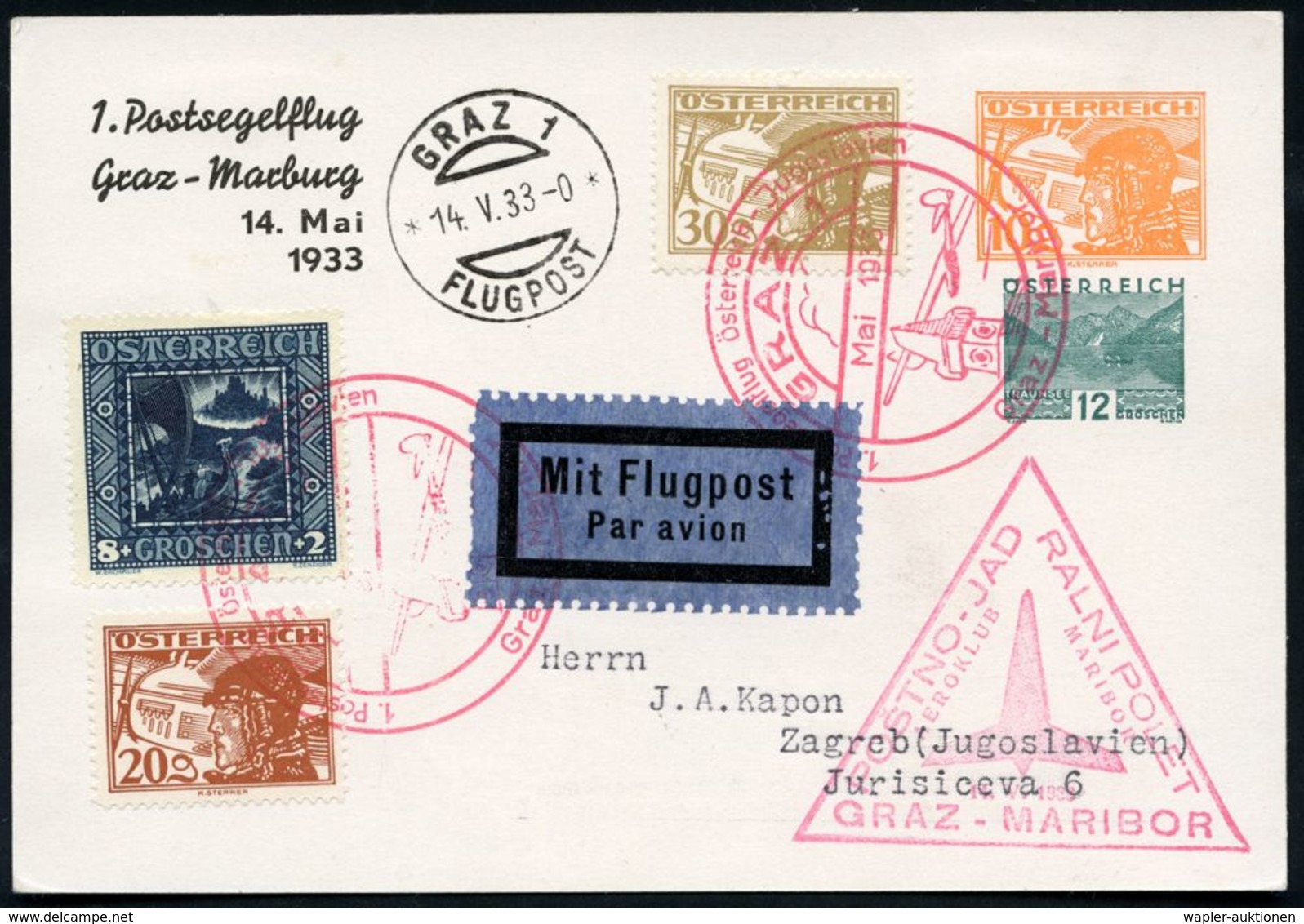 ÖSTERREICH 1933 (14.5.) PP 10 Gr. Pilot + 12 Gr. Traunsee: 1.Postsegelflug/Graz - Marburg, 2x Roter SSt:GRAZ (1x Mittig  - Vliegtuigen