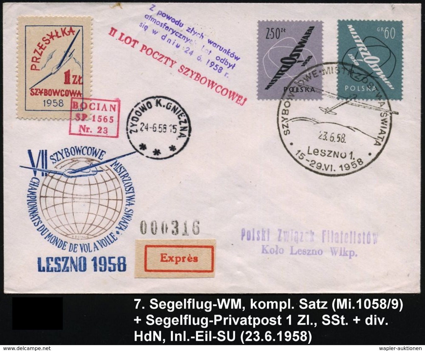 POLEN 1958 (23.6.) "7. Segelflug-WM", Kompl. Satz + Segelflug-Marke 1 Zl. + Entspr. SSt: LESZNO 1  + Div. HdN: BOCIAN SP - Vliegtuigen