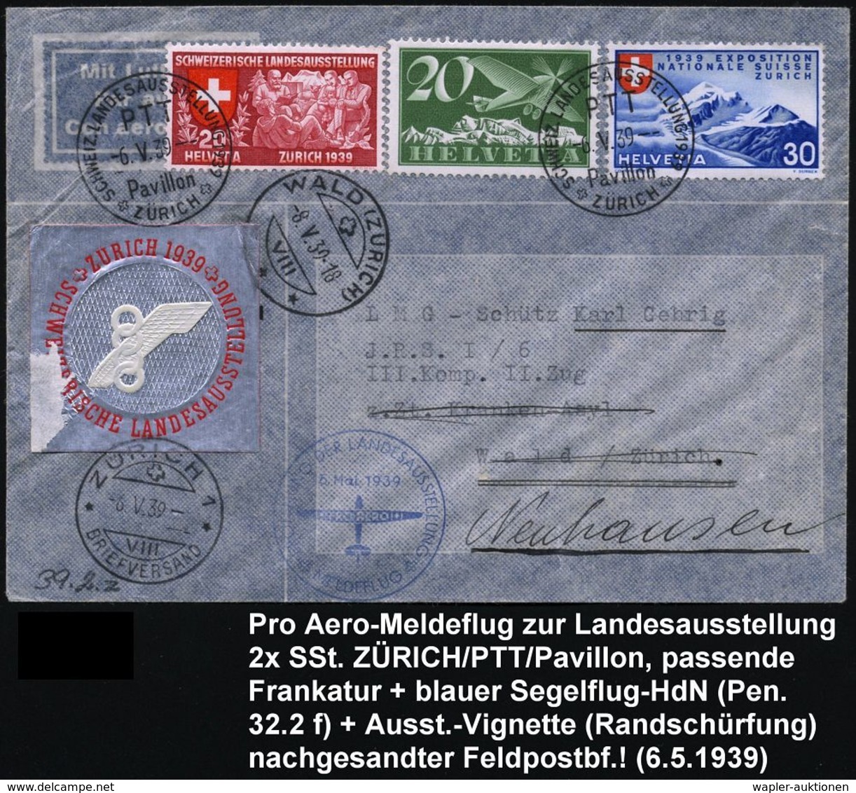 SCHWEIZ 1939 (6.5.) SSt: ZÜRICH/PTT/Pavillon/SCHWEIZ.LANDESAUSSTELLUNG Auf Flp.-Frankatur 1 Fr. Ikarus (Mi.191 Etc.) + H - Aerei