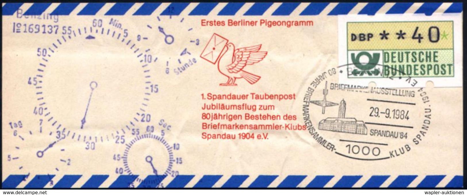 Berlin-Spandau 1984 (29.9.) 1.Berliner Pigeongramm/1.Spandauer Taubenpost EF 40 Pf. ATM + Ausstellungs-SSt. + Uhrstempel - Vliegtuigen