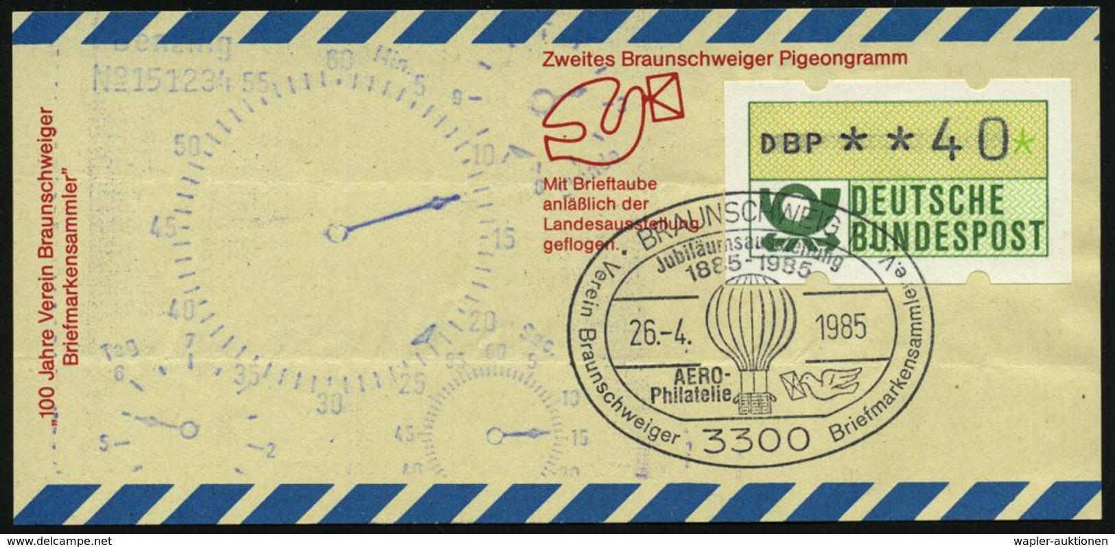 3300 BRAUNSCHWEIG 1/ Jubil.Ausstellung/ ..AERO-/ Philatelie.. 1985 (26.4.) SSt = Brieftaube (u. Ballon) + Uhr-HdN Mit Mi - Vliegtuigen