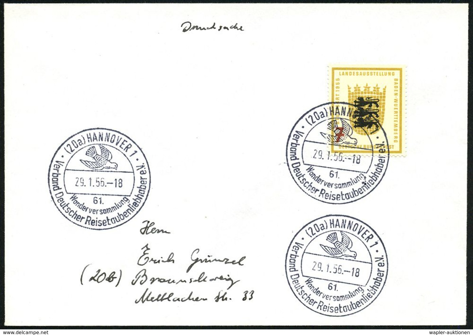 (20a) HANNOVER 1/ 61./ Wandervers./ Verband Deutscher Reisetaubenliebhaber E.V. 1956 (29.1.) SSt = Taube 3x Klar Auf Inl - Vliegtuigen