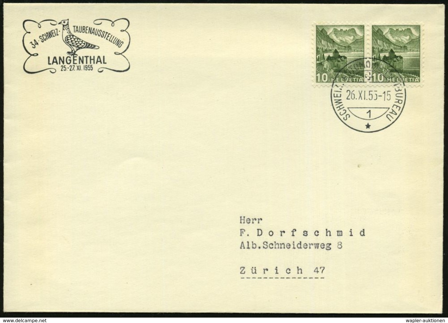 SCHWEIZ 1955 (26.11.) HdN: LANGENTHAL/34. SCHWEIZ. TAUBENAUSSTELLUNG = Taube + 1K: AUTO-PA Nr.1, Inl.-Bf. (Pen.A 713) - - Aerei