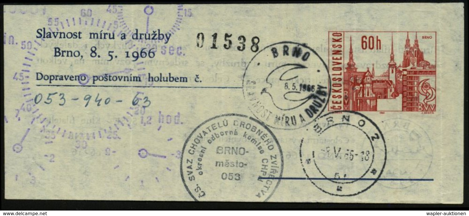 TSCHECHOSLOWAKEI 1966 (8.5.) 60 H. Pigeongramm "Prag", Karmin: Briefmarkenausstellung Brno (Brünn) Mit Tauben-SSt + Minu - Avions