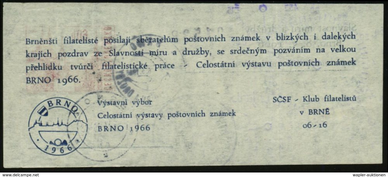 TSCHECHOSLOWAKEI 1966 (8.5.) 60 H. Pigeongramm "Prag", Karmin: Briefmarkenausstellung Brno (Brünn) Mit Tauben-SSt + Minu - Airplanes