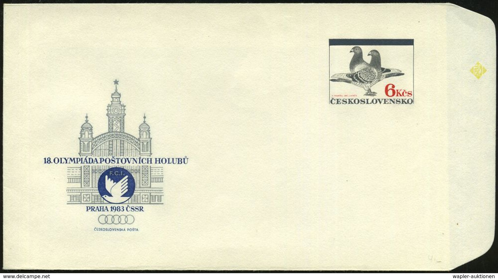 TSCHECHOSLOWAKEI 1983 6 Kc. "18. Brieftauben-Olympiade Prag" = 2 Brieftauben (FCI-Logo U. Messepalast) Ungebr. (Mi.U 71  - Aerei