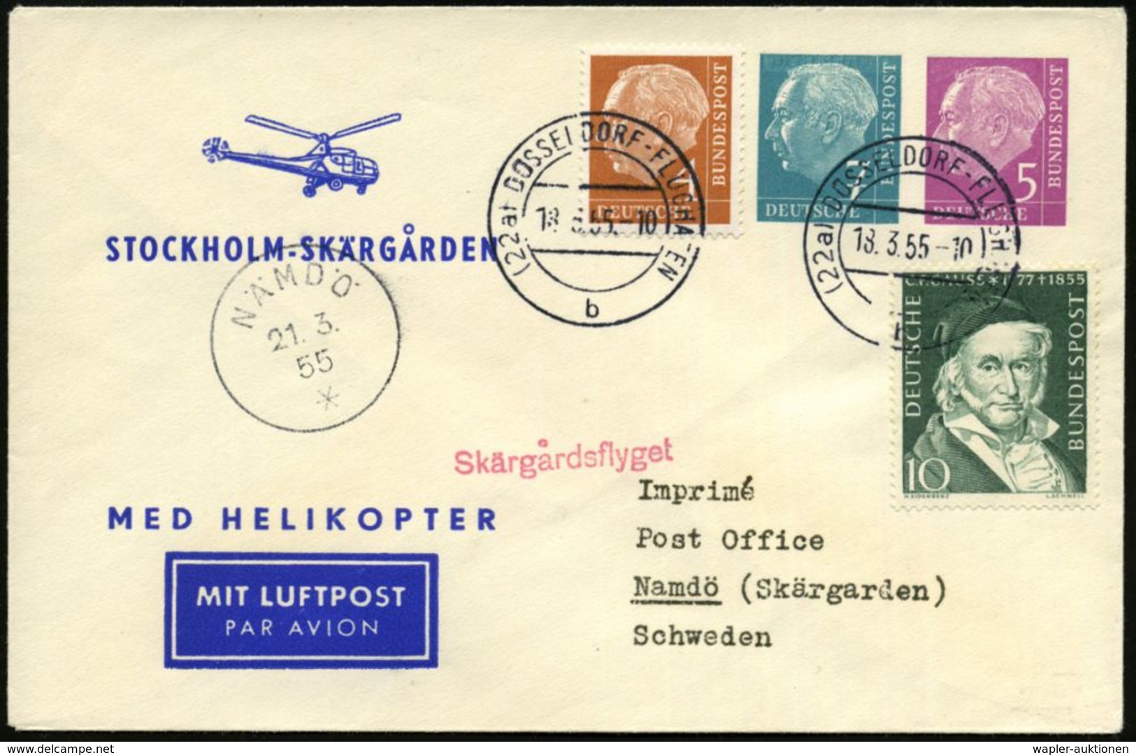 (22a) DÜSSELDORF-FLUGHAFEN 1955 (18.3.) PU 7 + 5 Pf. Heuss: STOCKHOLM - SKÄRGARDEN/ MED HELIKOPTER = Eisnot-Luftpost Mit - Helikopters