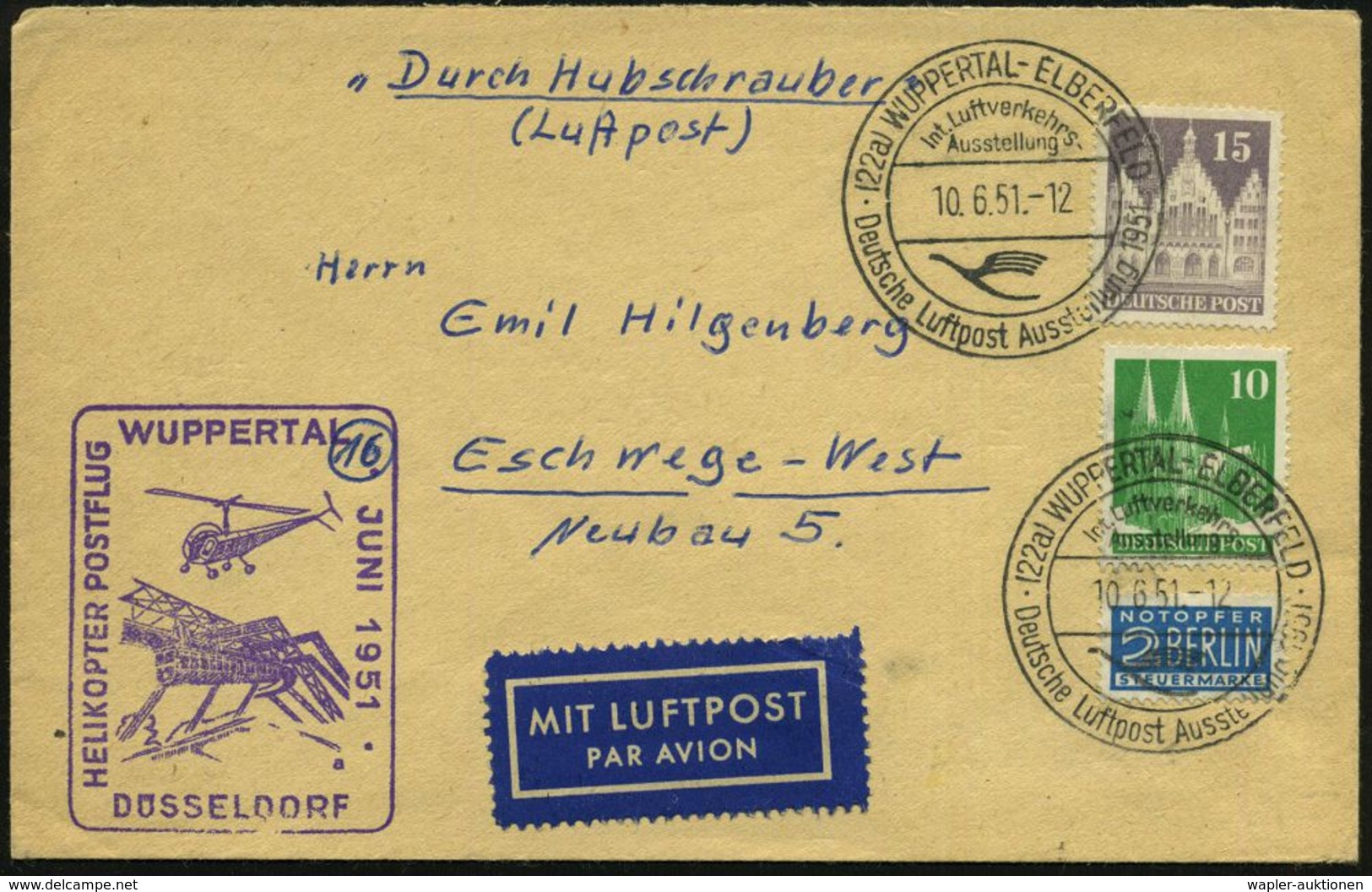 (22a) WUPPERTAL-ELBERFELD/ Deutsche Luftpost Ausstellung 1951 (10.6.) SSt = DLH-Logo (Kranich) (Kranich) 2x Auf Bauten-F - Elicotteri