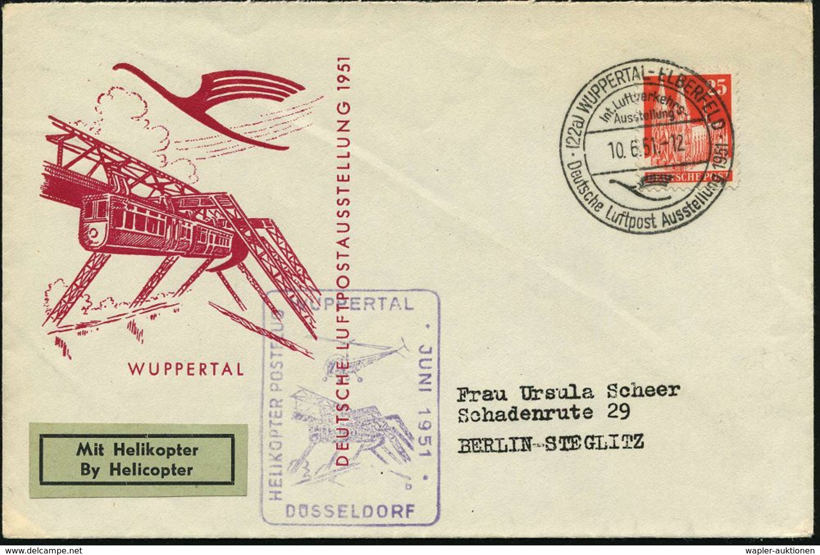 (22a) WUPPERTAL-ELBERFELD/ Int.Luftverkehrs-/ Ausstellung/ Deutsche Luftpost Ausstellung 1951 (10.6.) SSt (DLH-Logo) Auf - Helikopters