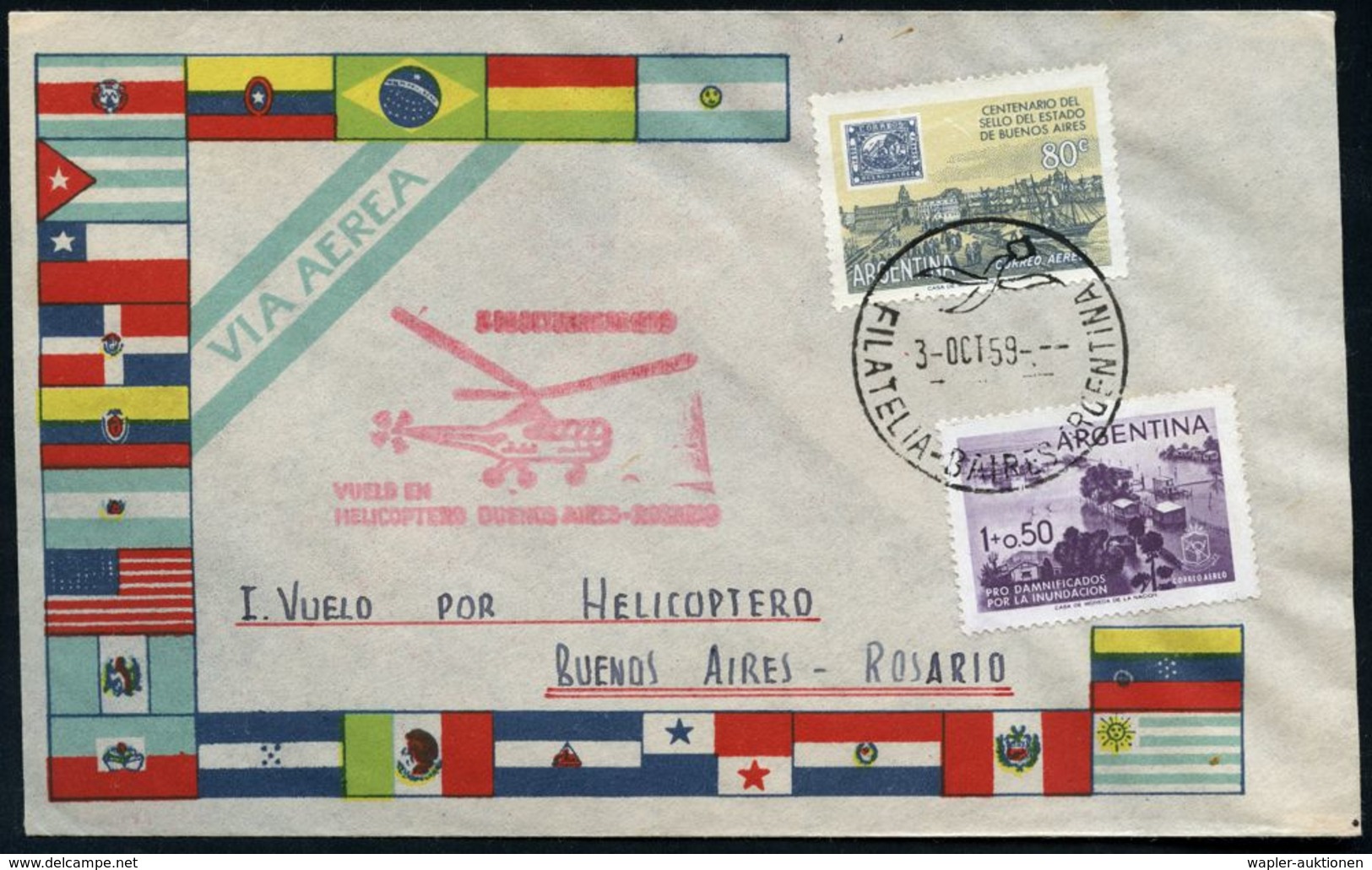 ARGENTINIEN 1959 (3.10.) 1.Helicopter-Flug Buenos Aires - Rosario (AS), Roter Helicopter-HdN, Erstflug-Inl.-Bf.  - - Hubschrauber