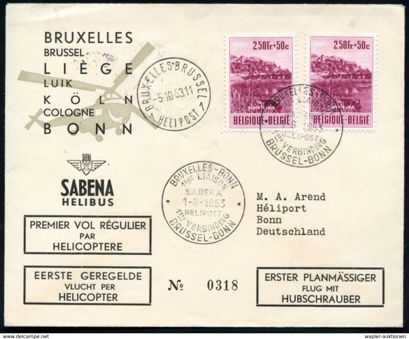 BELGIEN 1953 (1.9/5.10.) Helikopter-Erstflug (SABENA): Brüssel - Köln - Bonn (AS) 1K: BRUXELLES/1/HELIPOST + Erstflug-SS - Hubschrauber