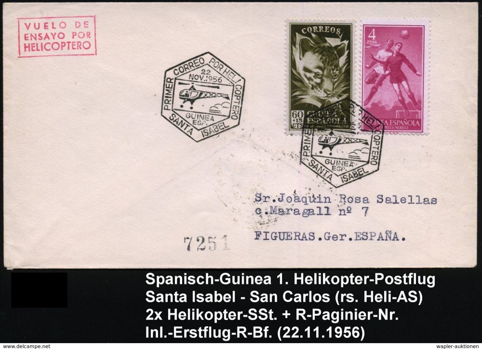 SPANISCH GUINEA 1956 (22.11.) Helikopter-Erstflug: Santa Isabel - San Carlos (Helikopter-AS) 2x Schw. 6eck-SSt.: PRIMER  - Hélicoptères