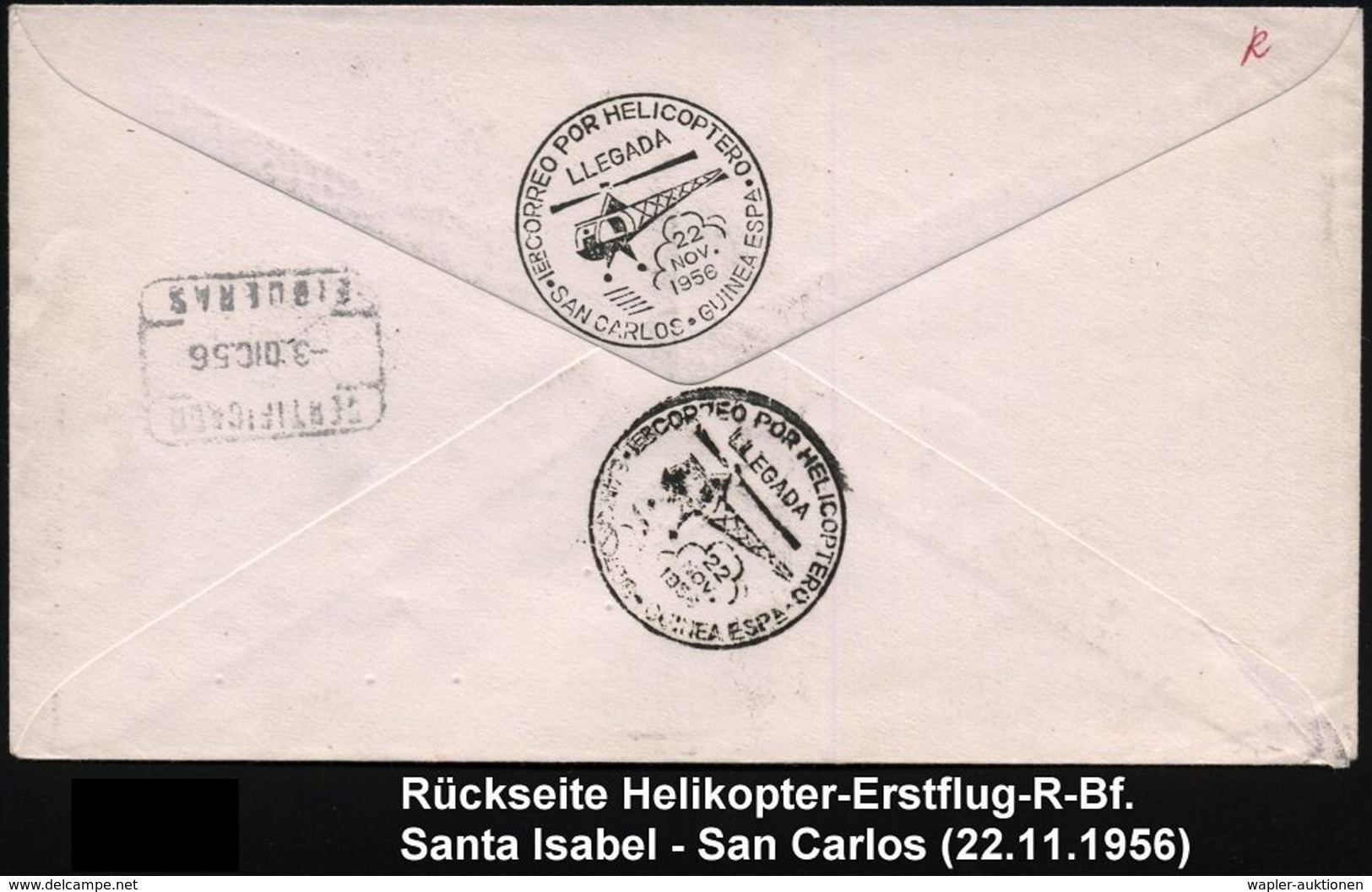 SPANISCH GUINEA 1956 (22.11.) Helikopter-Erstflug: Santa Isabel - San Carlos (Helikopter-AS) 2x Schw. 6eck-SSt.: PRIMER  - Helikopters