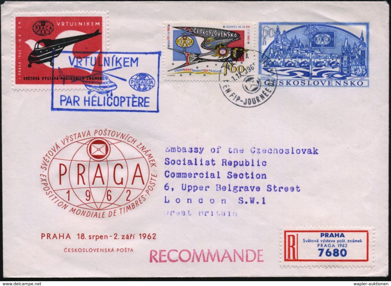 TSCHECHOSLOWAKEI 1962 (1.9.) Sonder-U 60 H. "Praga" + Zusatzfrankatur "Praga" + Bl. Ra.: VRTULNIKEM/PAR HELECOPTERE Auf  - Hubschrauber