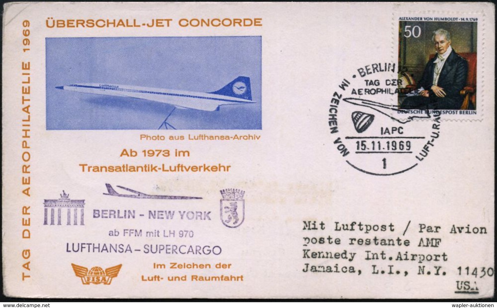 1 BERLIN 12/ TAG DER/ AEROPHILATELIE../ IAPC 1969 (15.11.) SSt = Concord (Silhouette) Motivähnl. Sonder-Kt.: DLH-Concord - Concorde