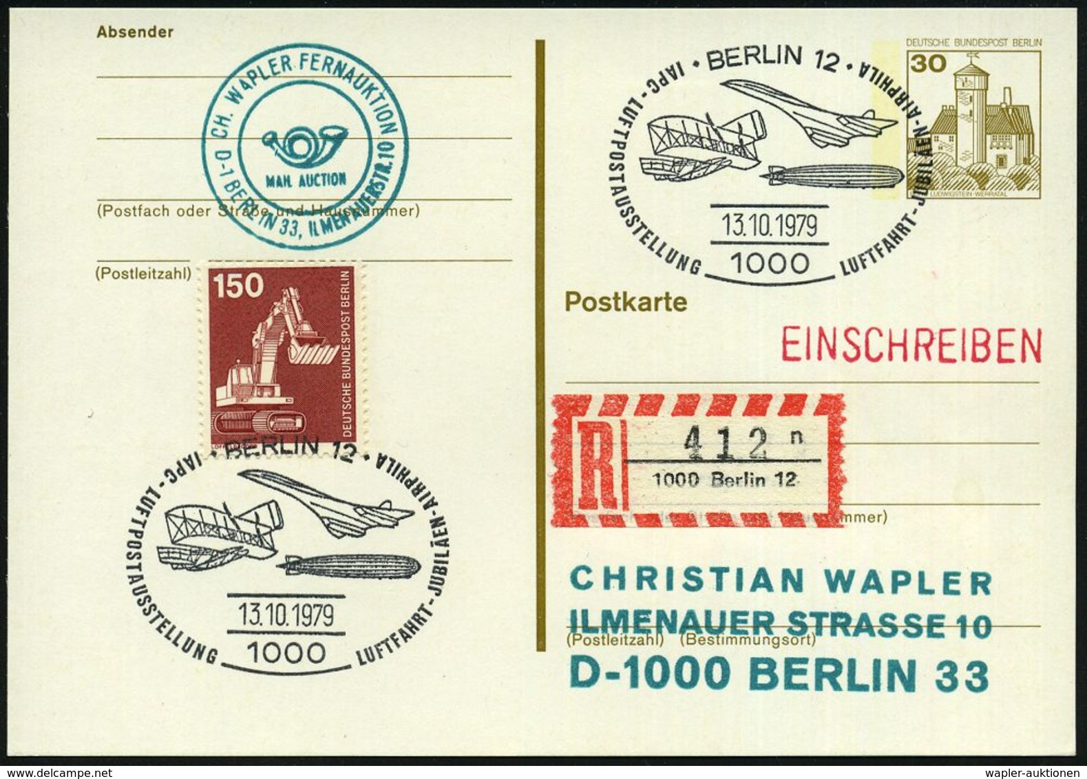 1000 BERLIN 12/ IAPC-LUFTPOSTAUSSTELLUNG 1979 (13.10.) SSt = Concorde (u. Zeppelin, Wright-Flugz.) 2x + RZ: 1000 Berlin  - Concorde