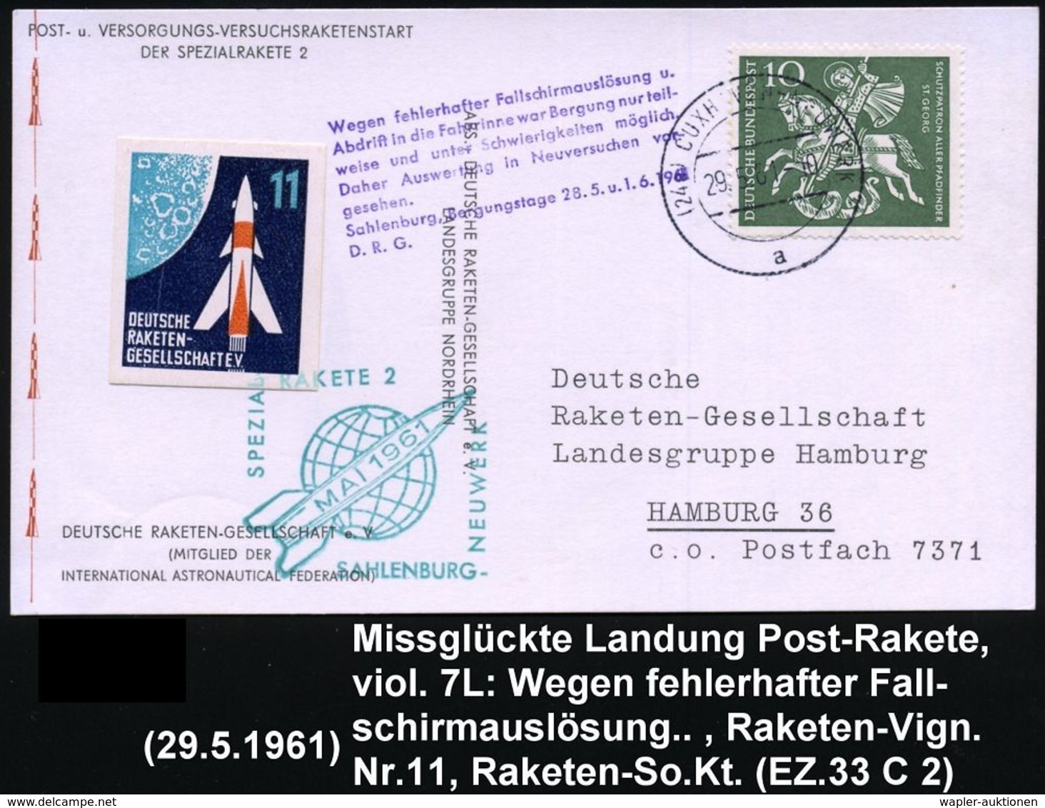 (24a) CUXHAVEN-NEUWERK/ A 1961 (29.5.) 2K-Steg + Grüner HdN: SPEZIAL/RAKETE 2.. + Raketen-Vign. "11" (DRG) + Viol. 7L: W - Flugzeuge