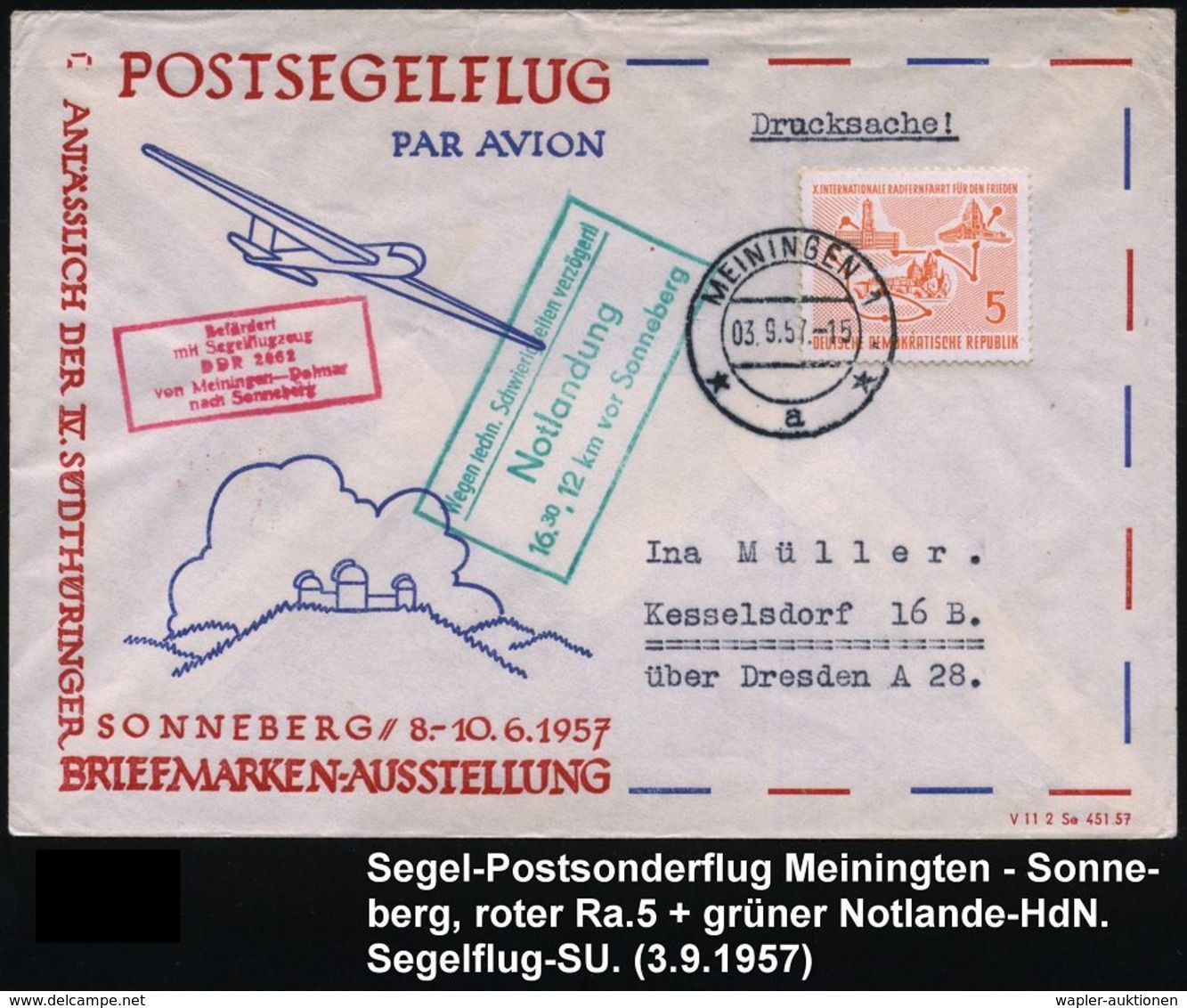 MEININGEN/ *a* 1957 (3.9.) 2K-Steg Auf Flp.-SU: Postsegelflug Sonneberg, Roter Ra.5: Befördert/mit Segelflugzeug.. + Amt - Vliegtuigen