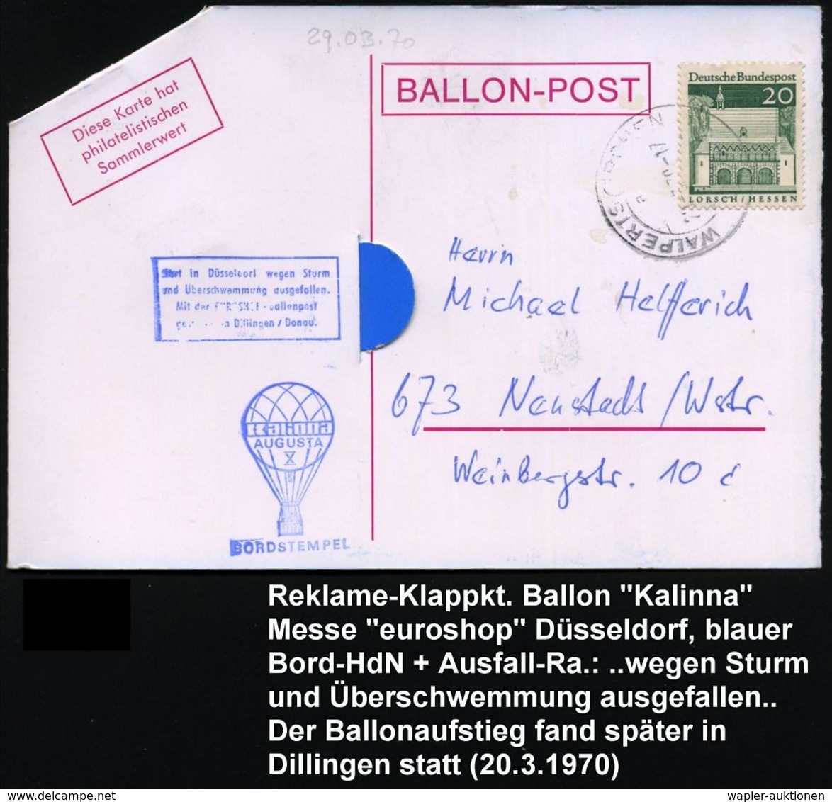 6601 WALPERTSHAFEN/ A 1970 (20.3.) 1K = Landstempel Auf Ballon-Reklame-Kt. "euroshop Düsseldorf" + Bord-HdN: AUGUSTA X + - Flugzeuge