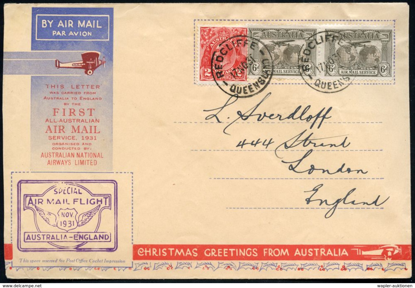 AUSTRALIEN 1931 (17.11.) Weihnachts-Sonderflug Australien - England , Viol. Flp.-HdN: SPECIAL/AIR MAIL FLIGHT.., Flugpos - Aviones