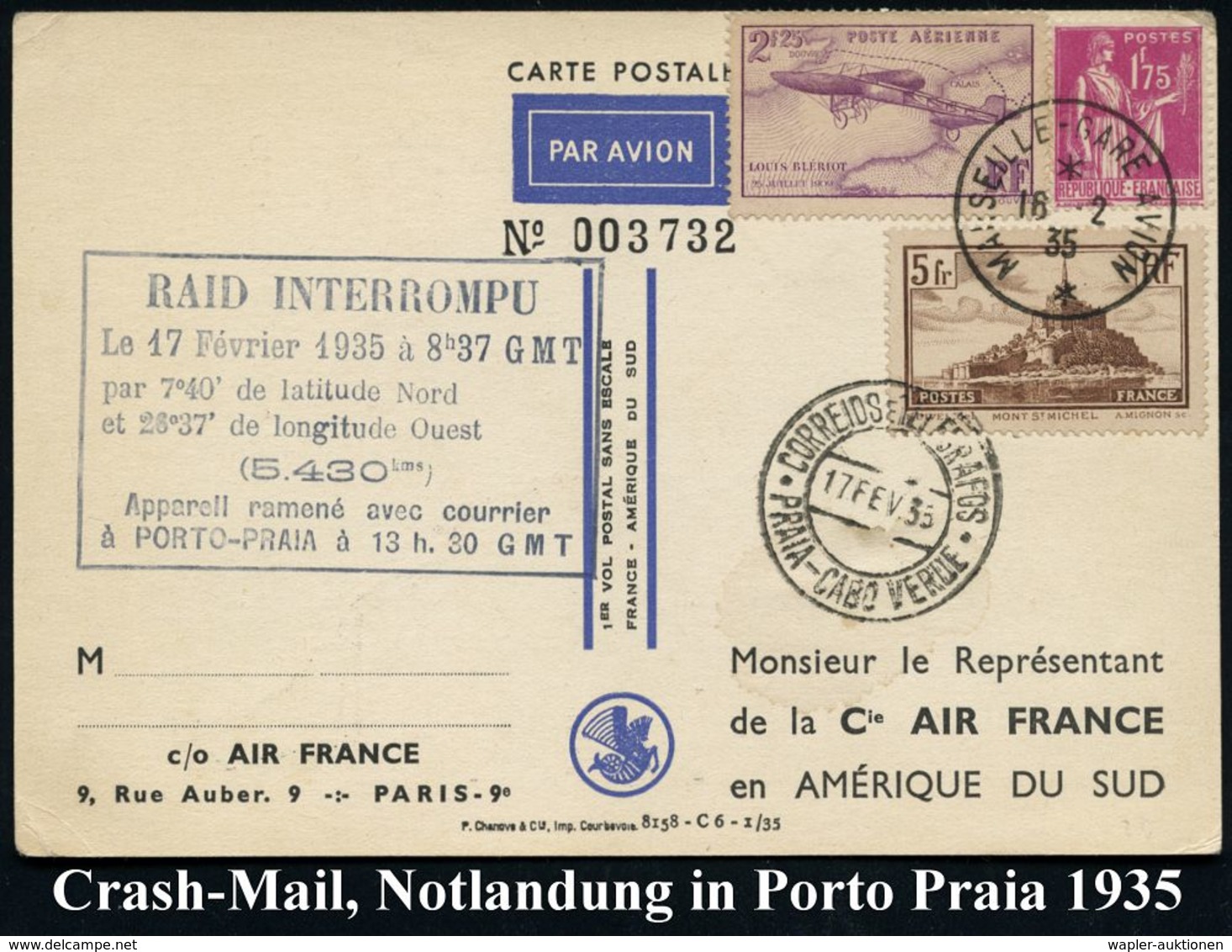 FRANKREICH 1935 (16.2.) Südatlantik-Versuchsflug (Air France): 1K:MARSEILLE AVION + Ra: RAID INTERROMPU..à PORTO-PRAIA = - Vliegtuigen