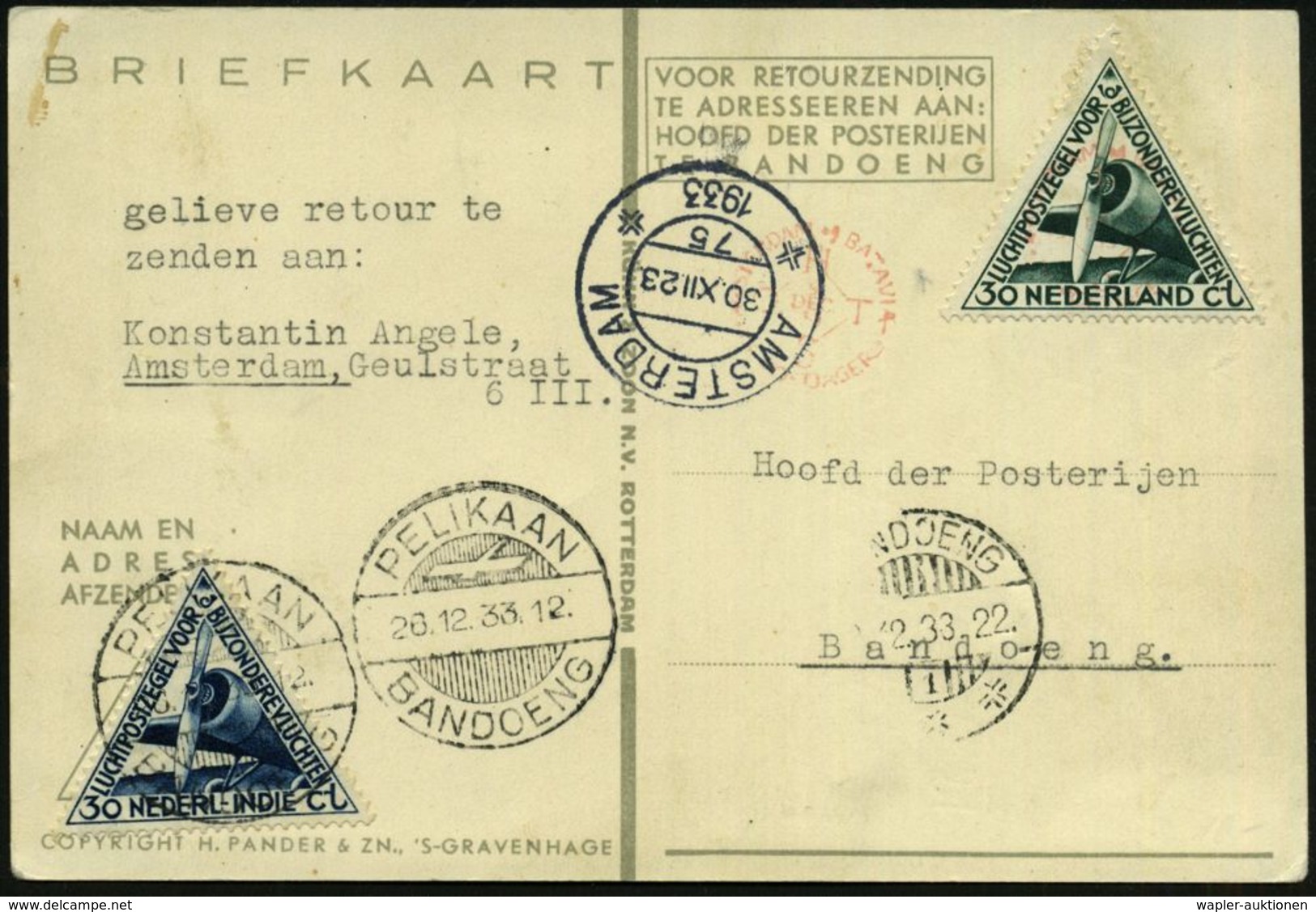 NIEDERLANDE /  NIEDERL. INDIEN 1933 (Dez.) 1. Schnellpostflug Niederlande - Niederländ. Indien - Niederlande (KLM) EF 30 - Vliegtuigen